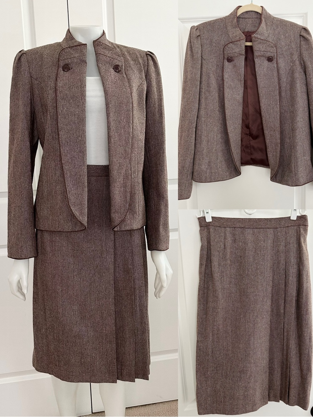 Vintage Burgundy Wool Blend Tweed 2 Piece Suit -  Fall Midi Skirt Blazer Jacket